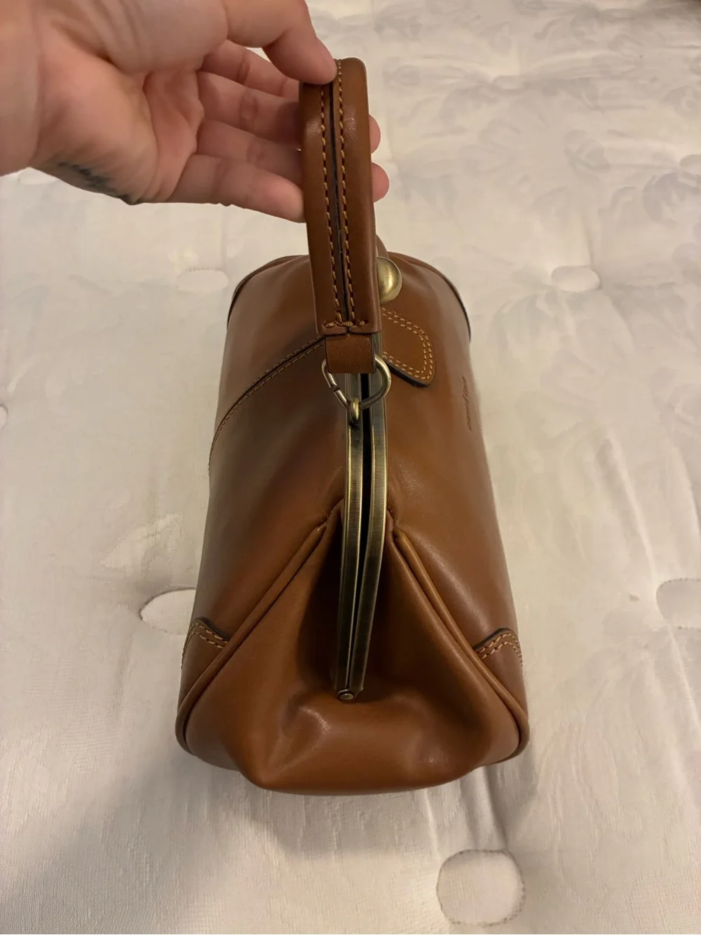 Structured Tan Leather Kiss-Lock Wristlet Clutch
